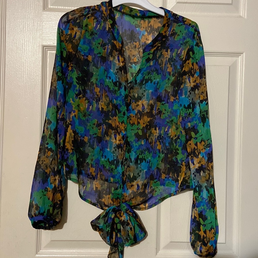 Womens Sheer Blouse With Tie Knot Front Hem
